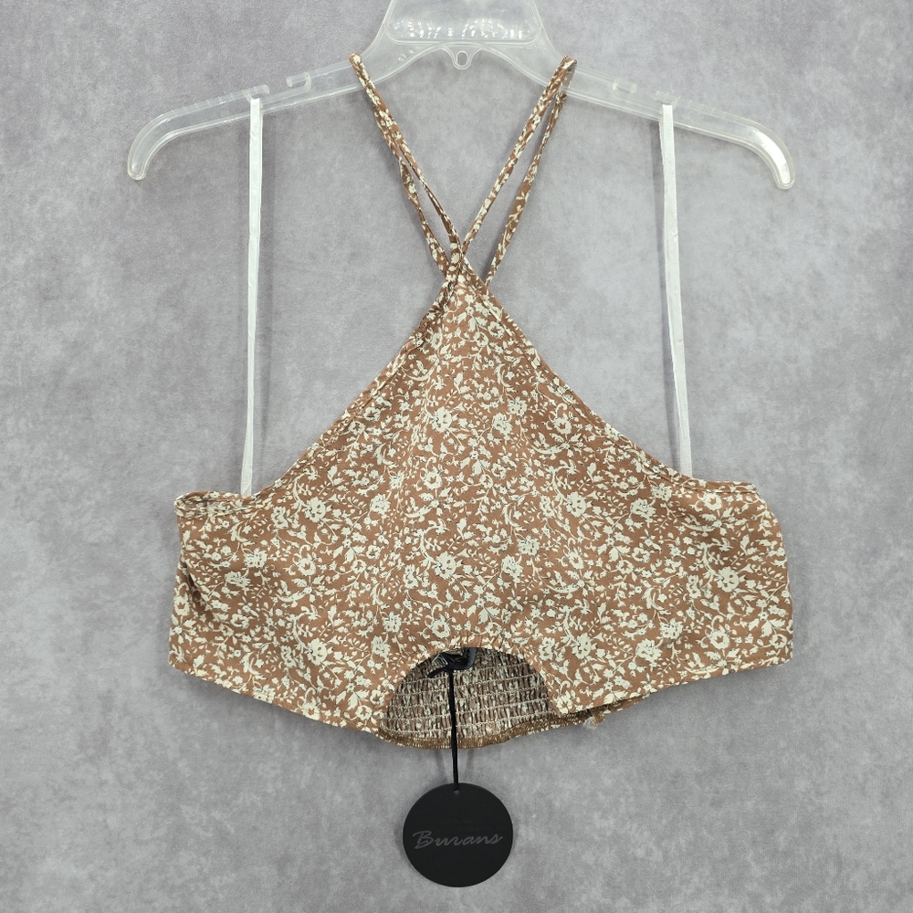 Burans Brown Floral Smock Halter Cropped Resort Y2K 90s Tie Top XL